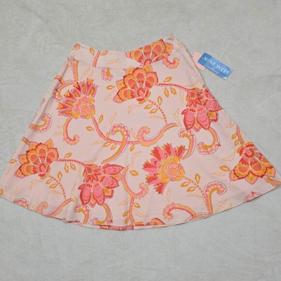 Nine West Vibrant Floral A-Line Skirt – Pink/Orange Cotton Blend w/ Side Zip - Picture 2 of 9
